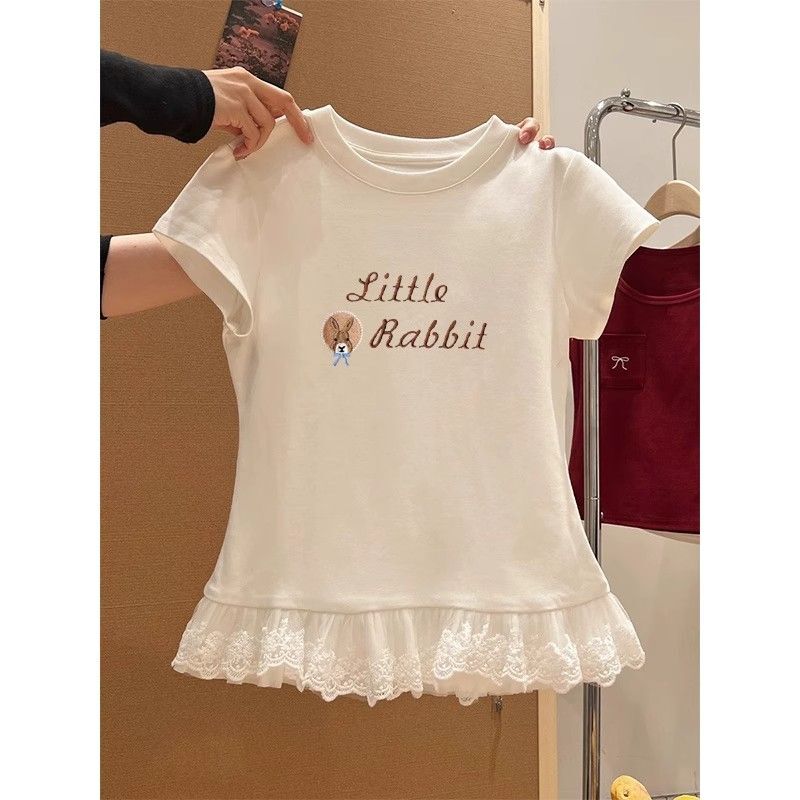 甜辣妹蕾丝花边短袖t恤女装夏季新款纯欲内搭叠穿打底衫上衣