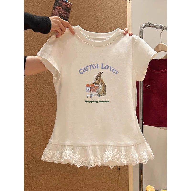 甜辣妹蕾丝花边短袖t恤女装夏季新款纯欲内搭叠穿打底衫上衣