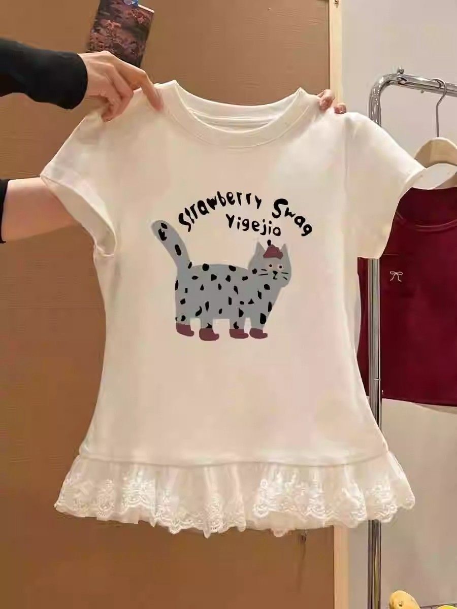 甜辣妹蕾丝花边短袖t恤女装夏季新款纯欲内搭叠穿打底衫上衣