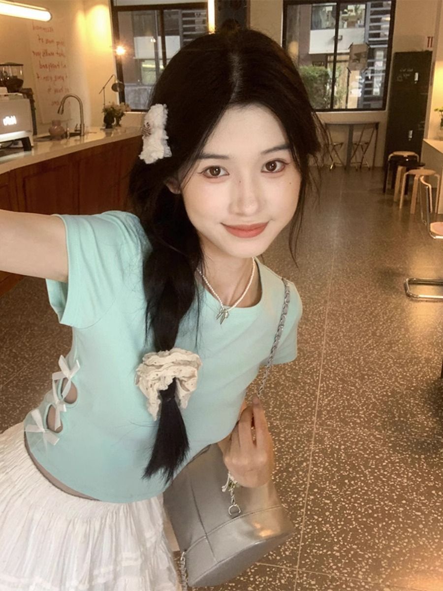 纯棉220克92棉 8氨纶印花镂空蝴蝶结短袖T恤女