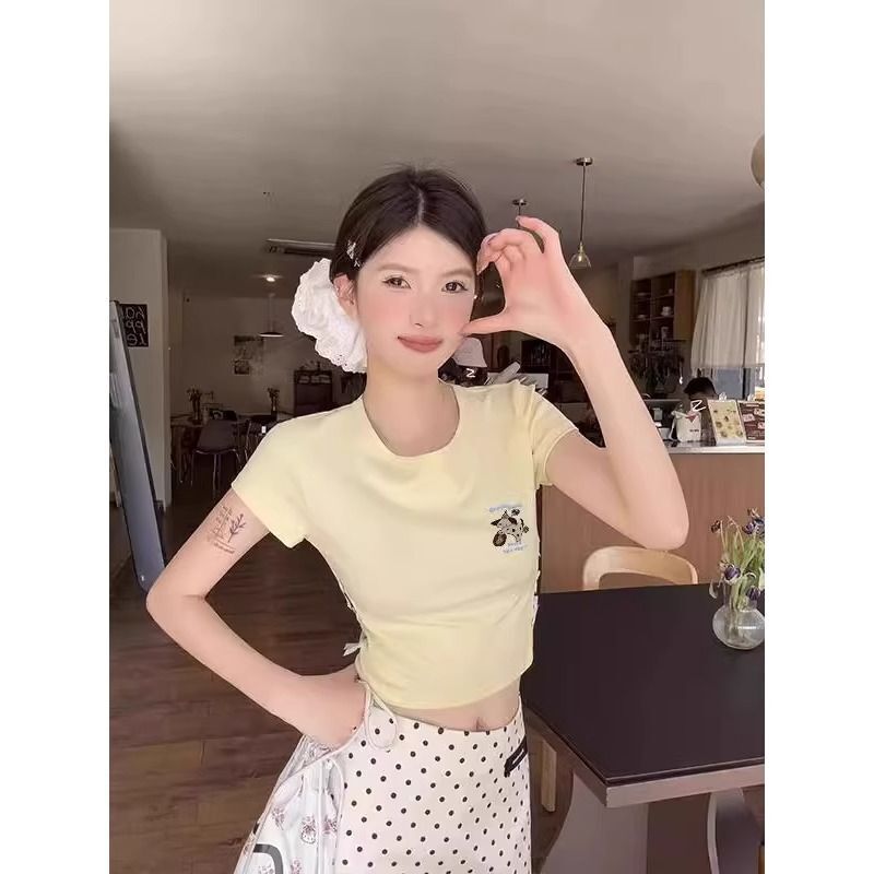 纯棉220克92棉 8氨纶印花镂空蝴蝶结短袖T恤女