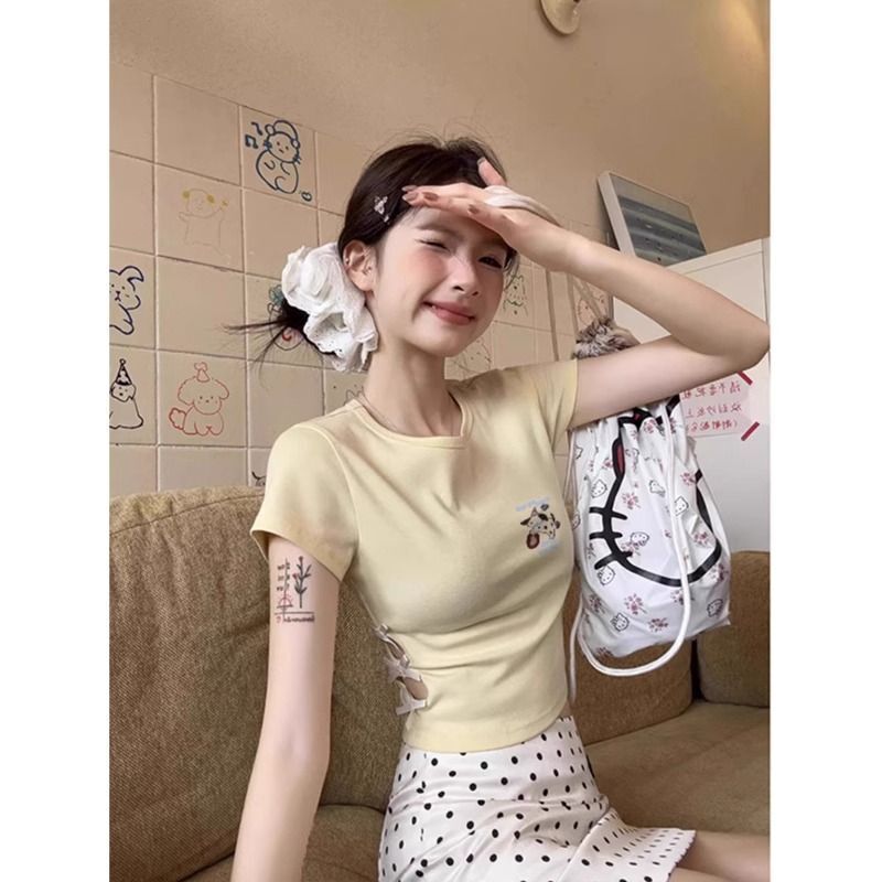 纯棉220克92棉 8氨纶印花镂空蝴蝶结短袖T恤女