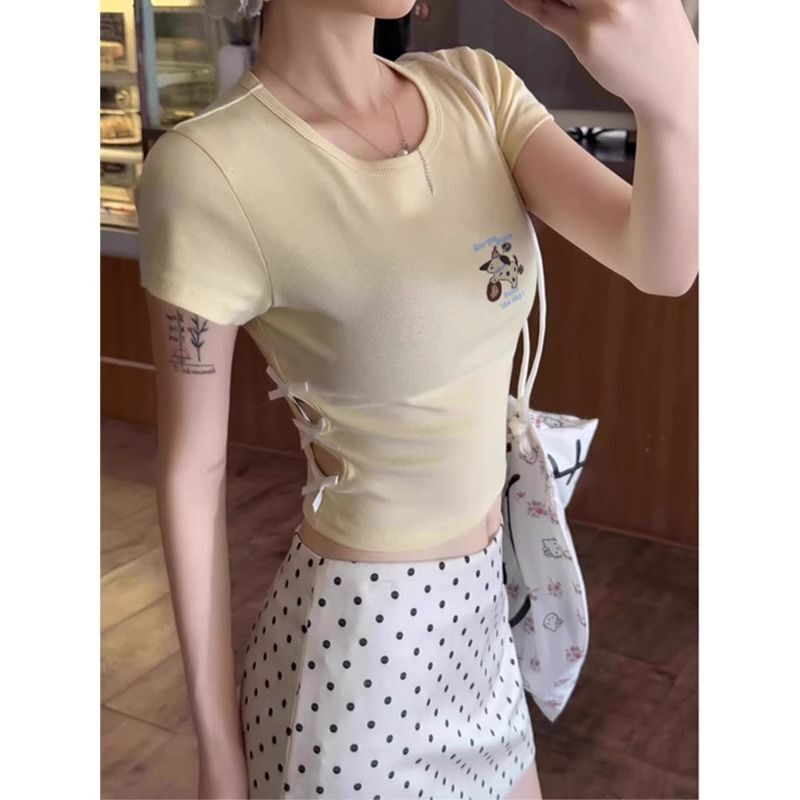 纯棉220克92棉 8氨纶印花镂空蝴蝶结短袖T恤女