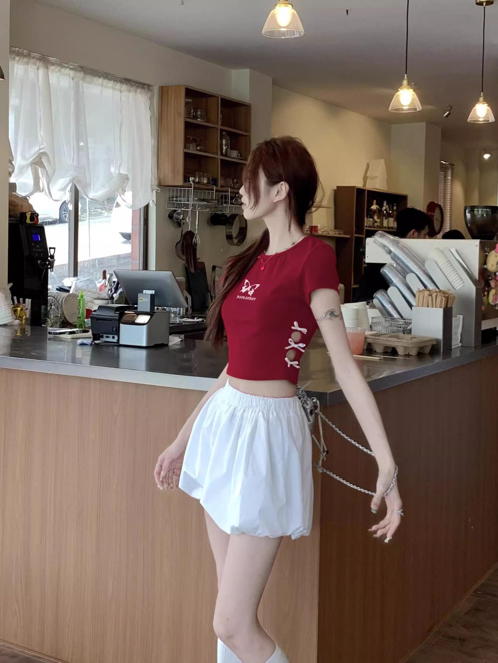 纯棉220克92棉 8氨纶印花镂空蝴蝶结短袖T恤女