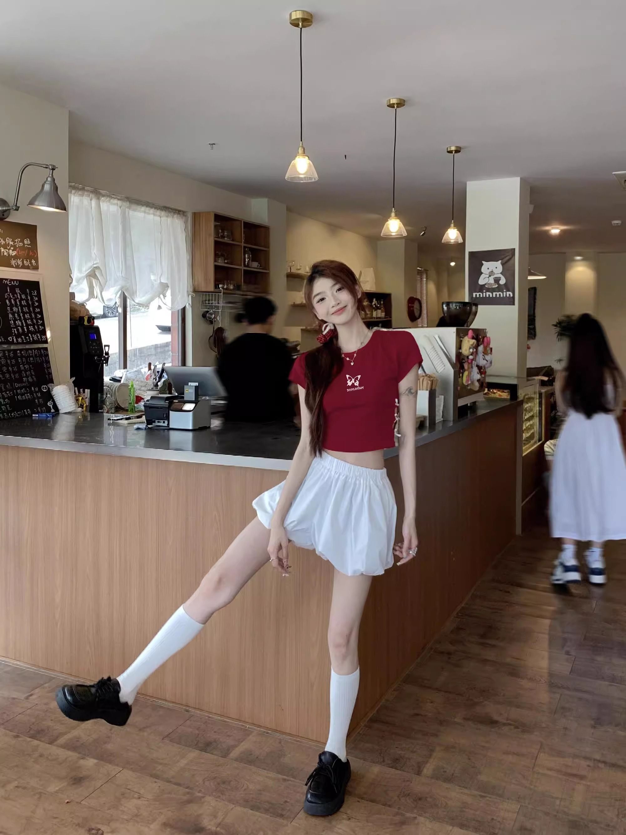 纯棉220克92棉 8氨纶印花镂空蝴蝶结短袖T恤女