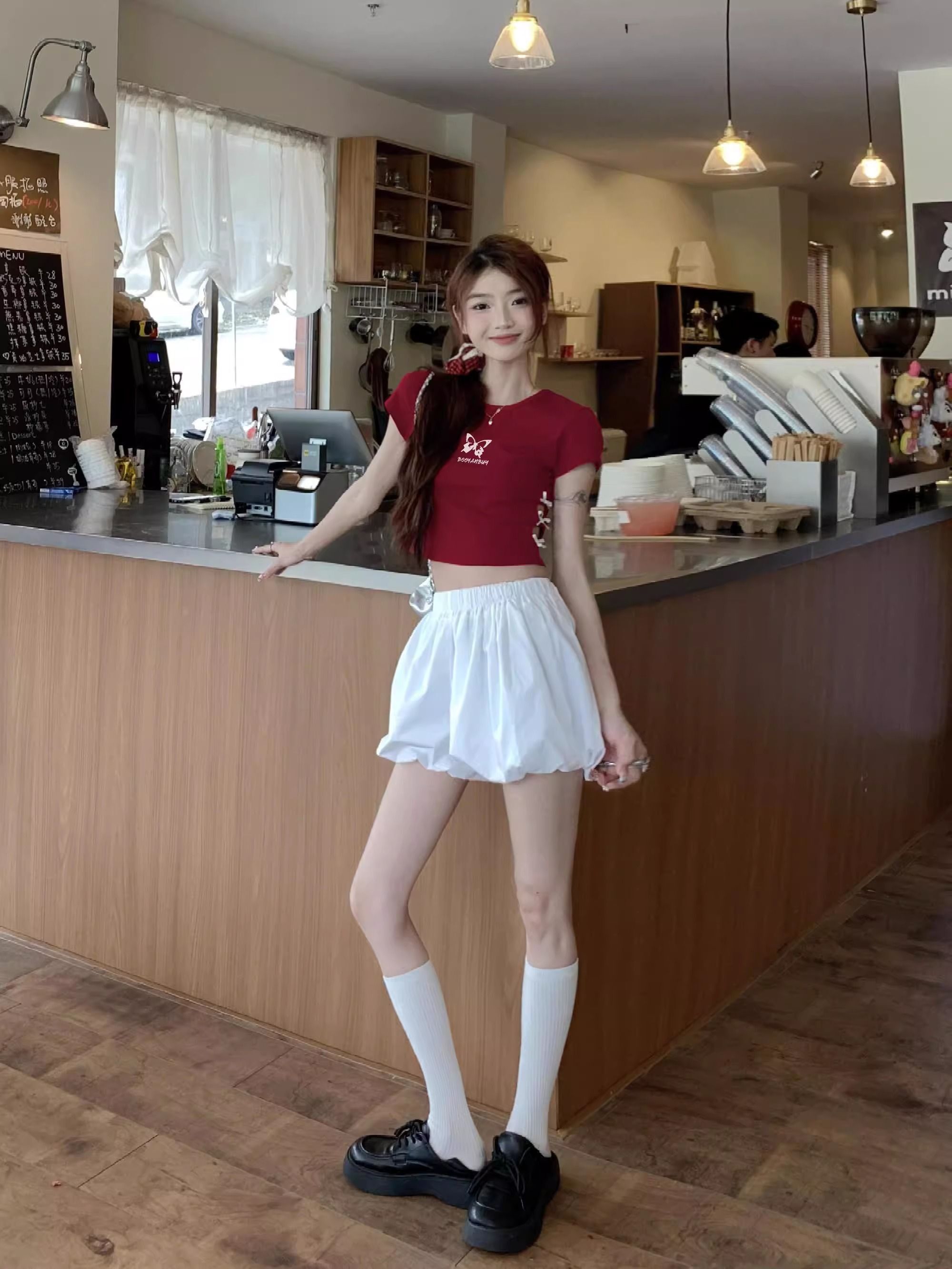 纯棉220克92棉 8氨纶印花镂空蝴蝶结短袖T恤女