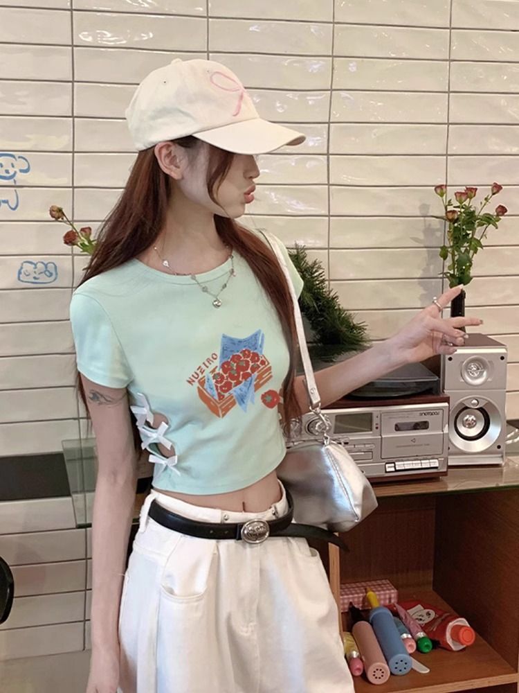 纯棉220克92棉 8氨纶印花镂空蝴蝶结短袖T恤女