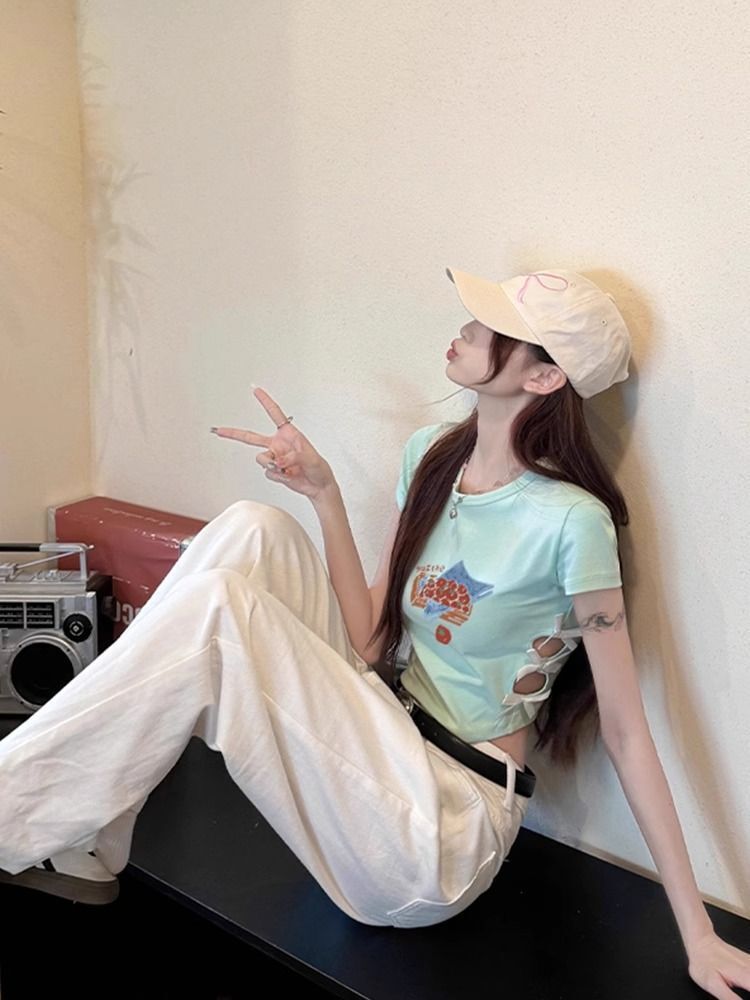 纯棉220克92棉 8氨纶印花镂空蝴蝶结短袖T恤女