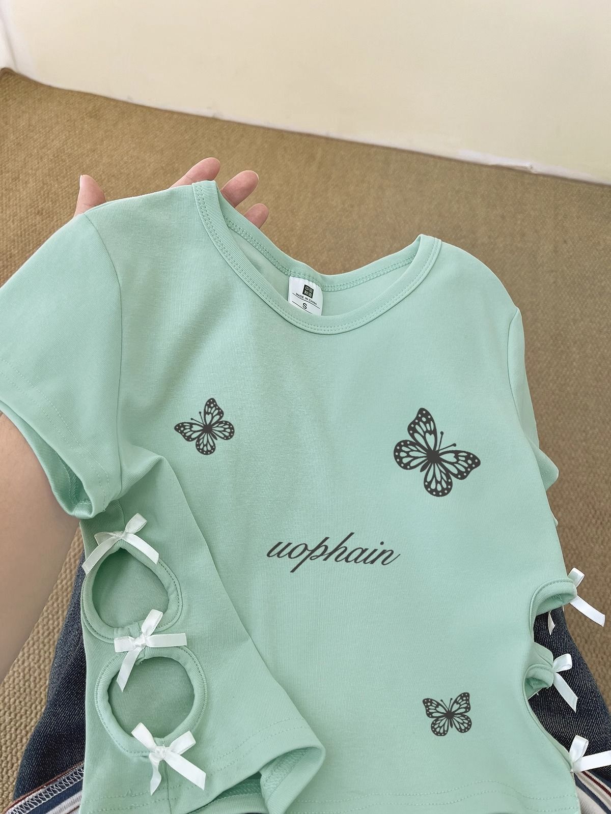 纯棉220克92棉 8氨纶印花镂空蝴蝶结短袖T恤女 纯棉220克92棉 8氨纶印花镂空蝴蝶结短袖T恤女