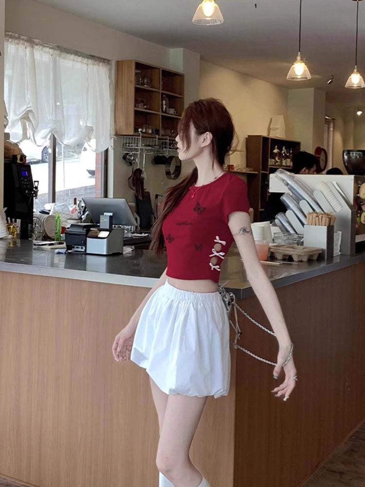 纯棉220克92棉 8氨纶印花镂空蝴蝶结短袖T恤女