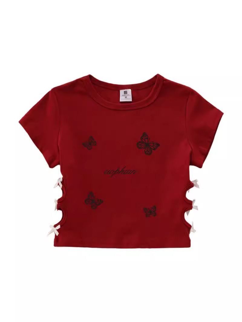 纯棉220克92棉 8氨纶印花镂空蝴蝶结短袖T恤女