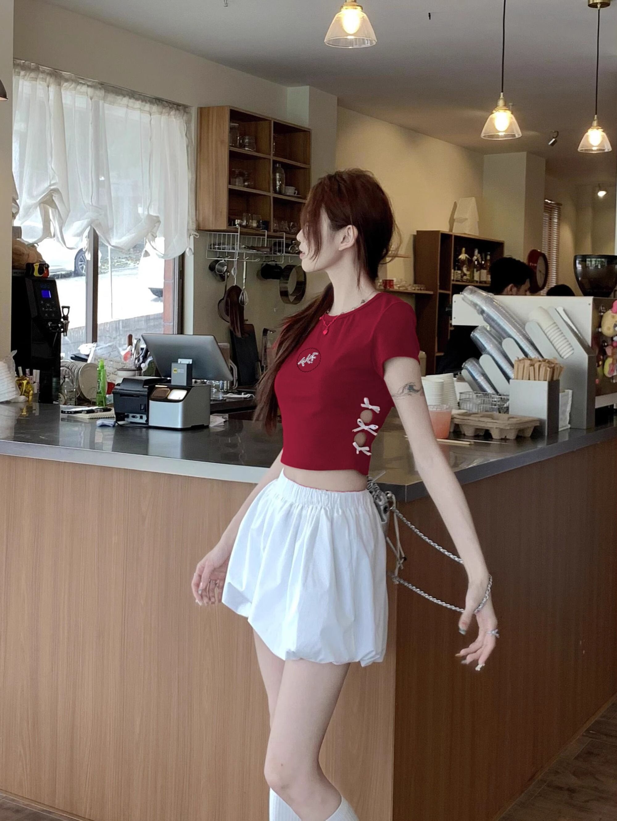 纯棉220克92棉 8氨纶印花镂空蝴蝶结短袖T恤女