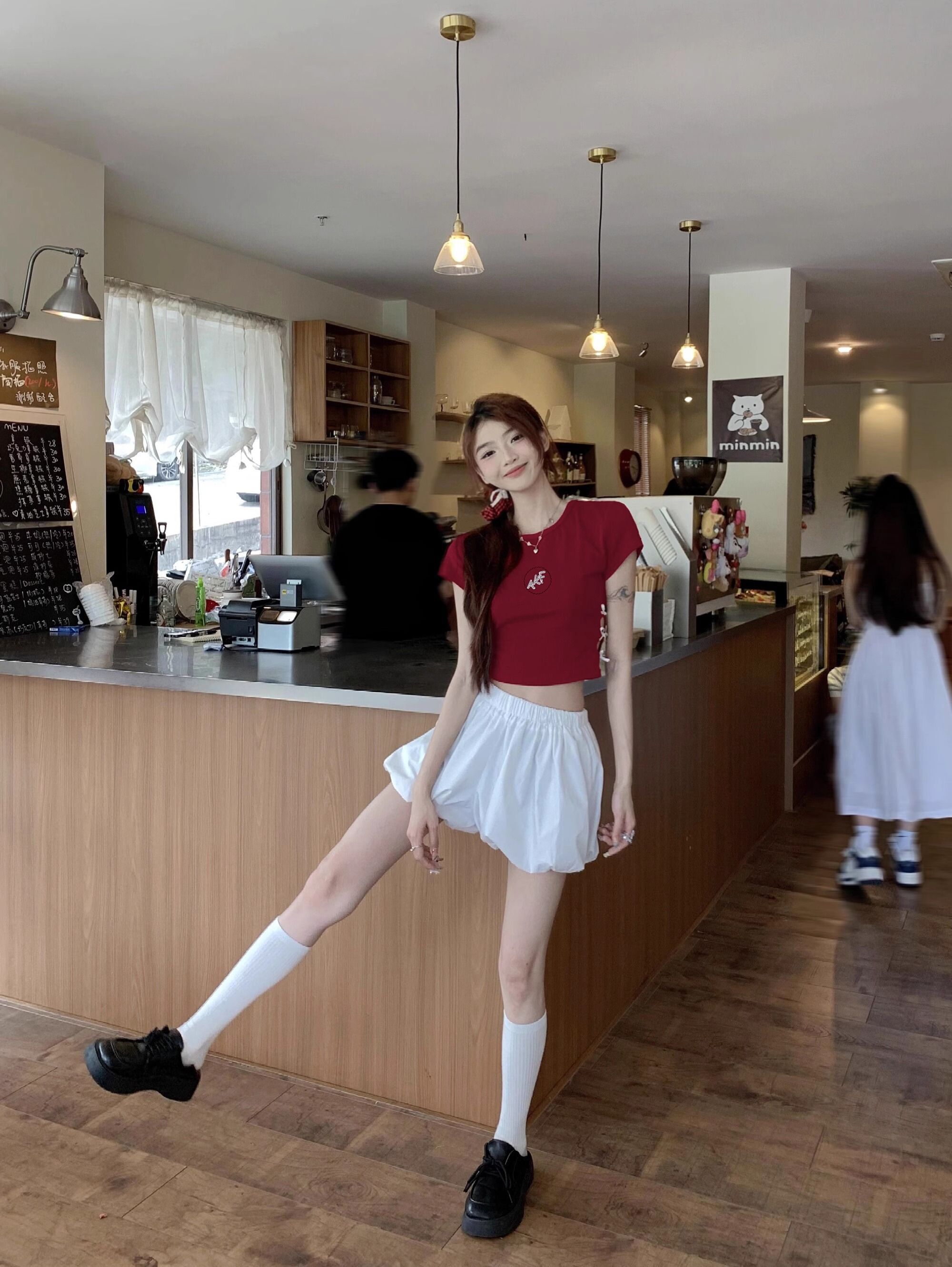 纯棉220克92棉 8氨纶印花镂空蝴蝶结短袖T恤女