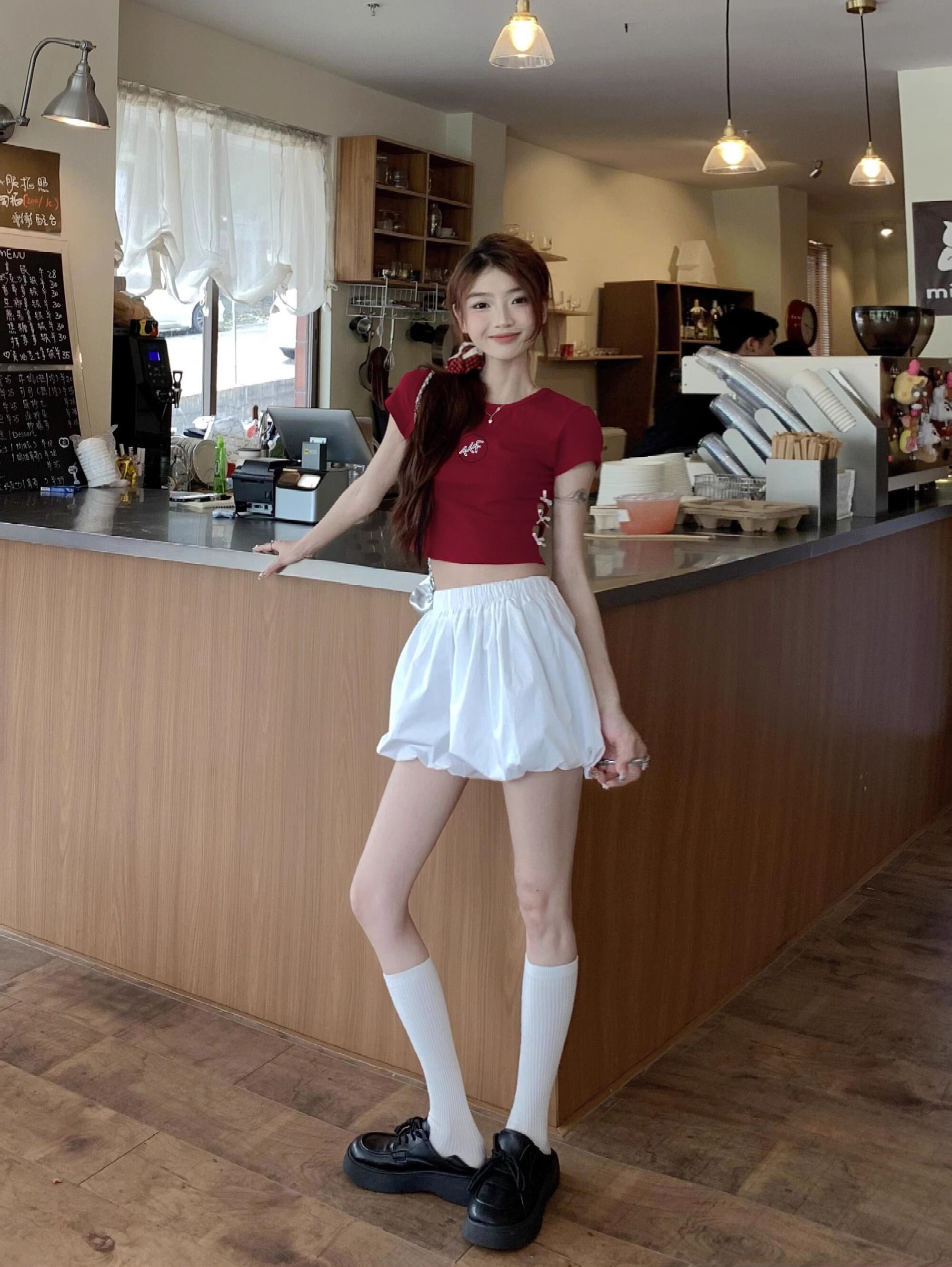 纯棉220克92棉 8氨纶印花镂空蝴蝶结短袖T恤女