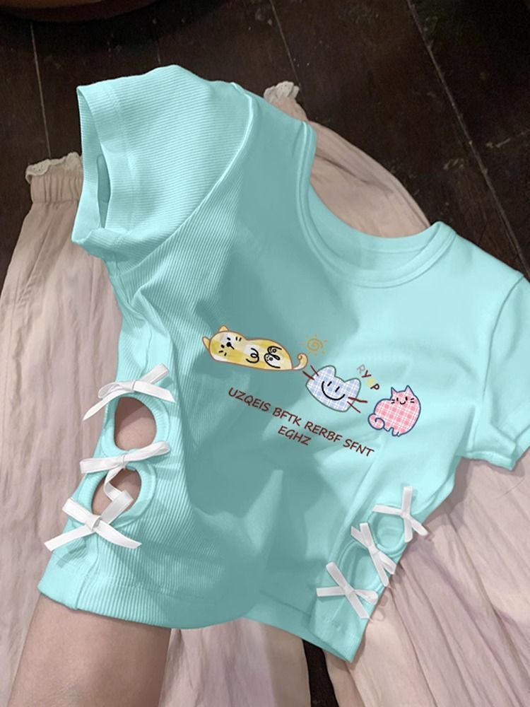 纯棉220克92棉 8氨纶印花镂空蝴蝶结短袖T恤女 纯棉220克92棉 8氨纶印花镂空蝴蝶结短袖T恤女