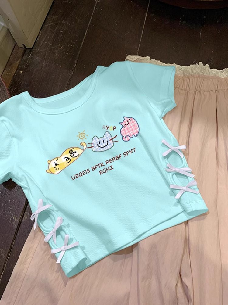 纯棉220克92棉 8氨纶印花镂空蝴蝶结短袖T恤女