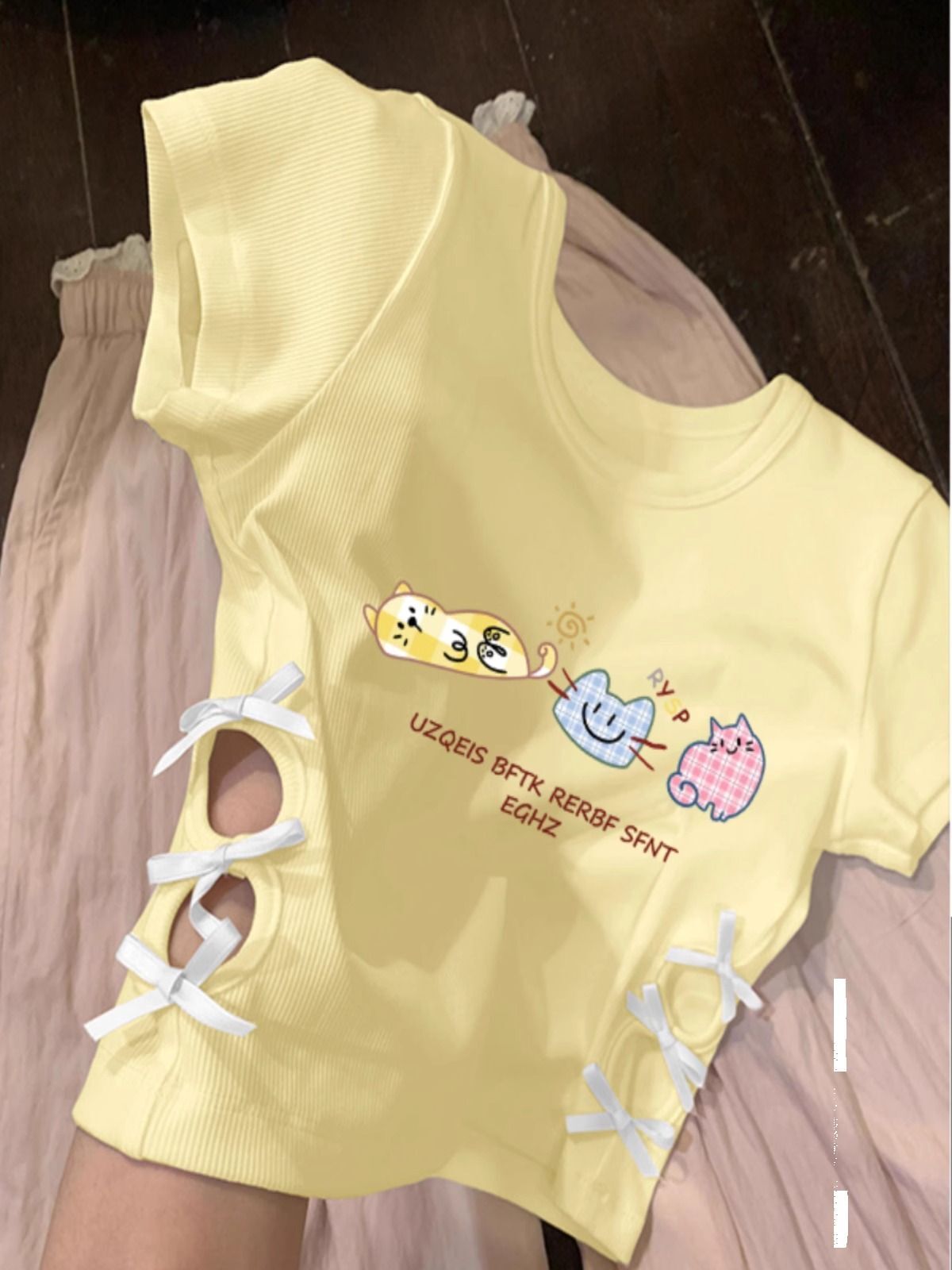 纯棉220克92棉 8氨纶印花镂空蝴蝶结短袖T恤女