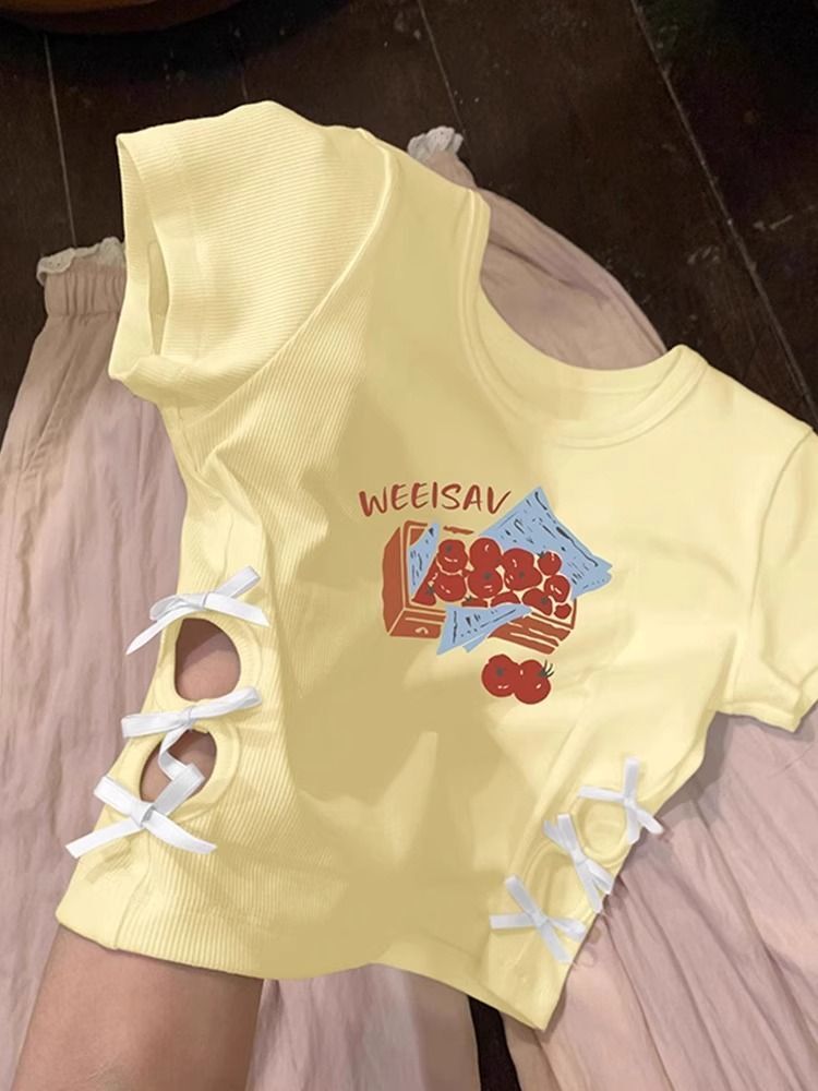 纯棉220克92棉 8氨纶印花镂空蝴蝶结短袖T恤女