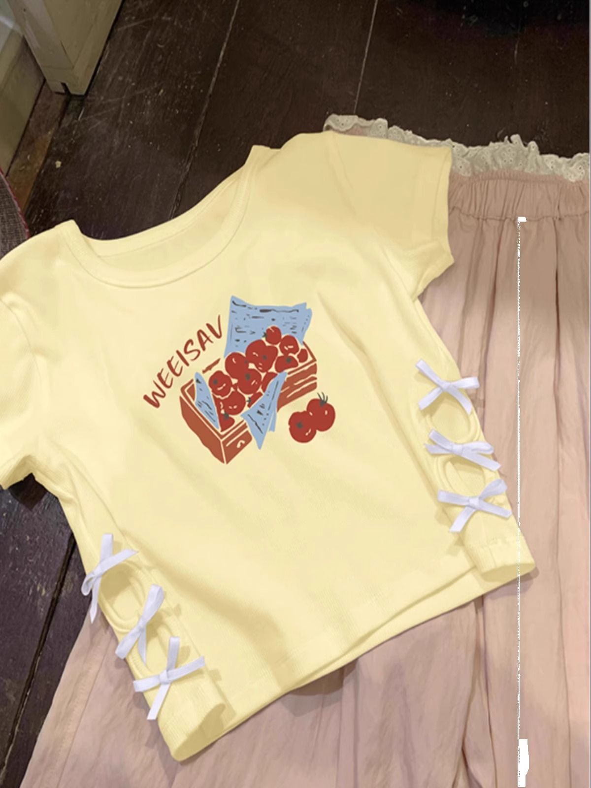 纯棉220克92棉 8氨纶印花镂空蝴蝶结短袖T恤女