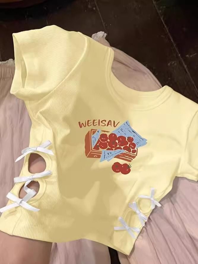 纯棉220克92棉 8氨纶印花镂空蝴蝶结短袖T恤女