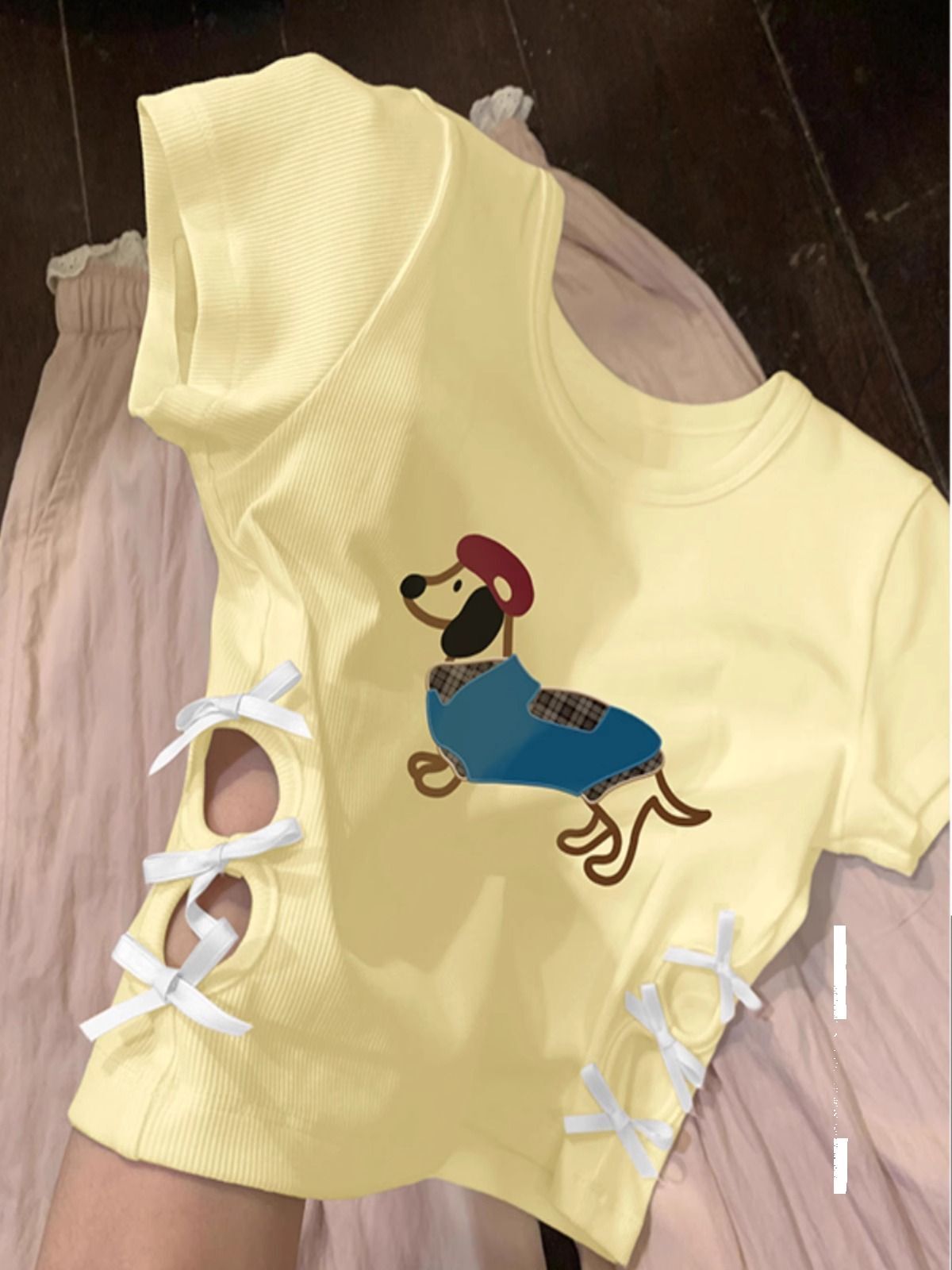 纯棉220克92棉 8氨纶印花镂空蝴蝶结短袖T恤女 纯棉220克92棉 8氨纶印花镂空蝴蝶结短袖T恤女