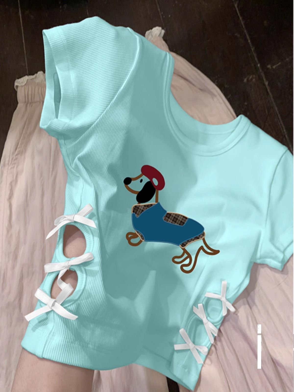 纯棉220克92棉 8氨纶印花镂空蝴蝶结短袖T恤女