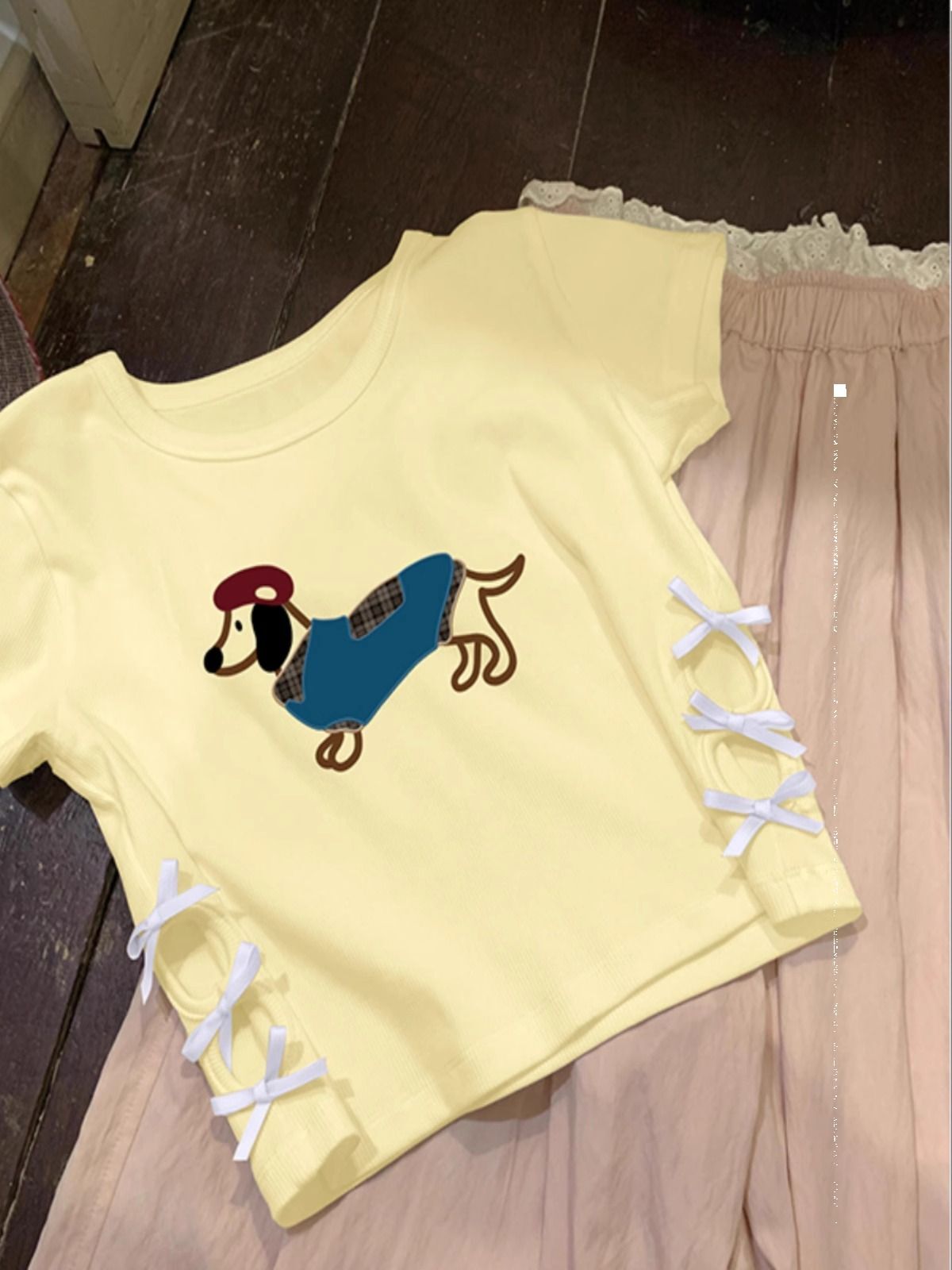 纯棉220克92棉 8氨纶印花镂空蝴蝶结短袖T恤女