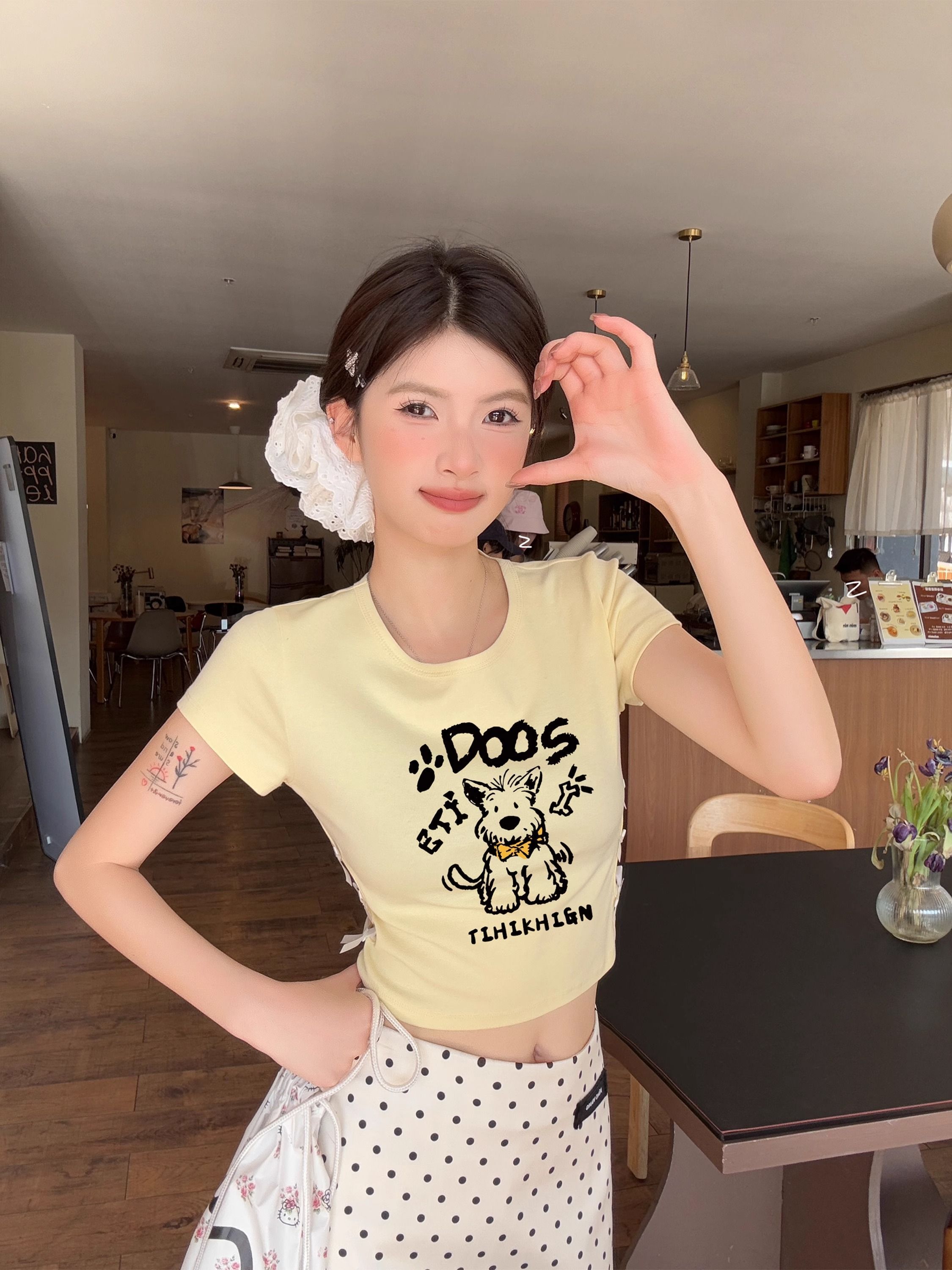 纯棉220克92棉 8氨纶印花镂空蝴蝶结短袖T恤女