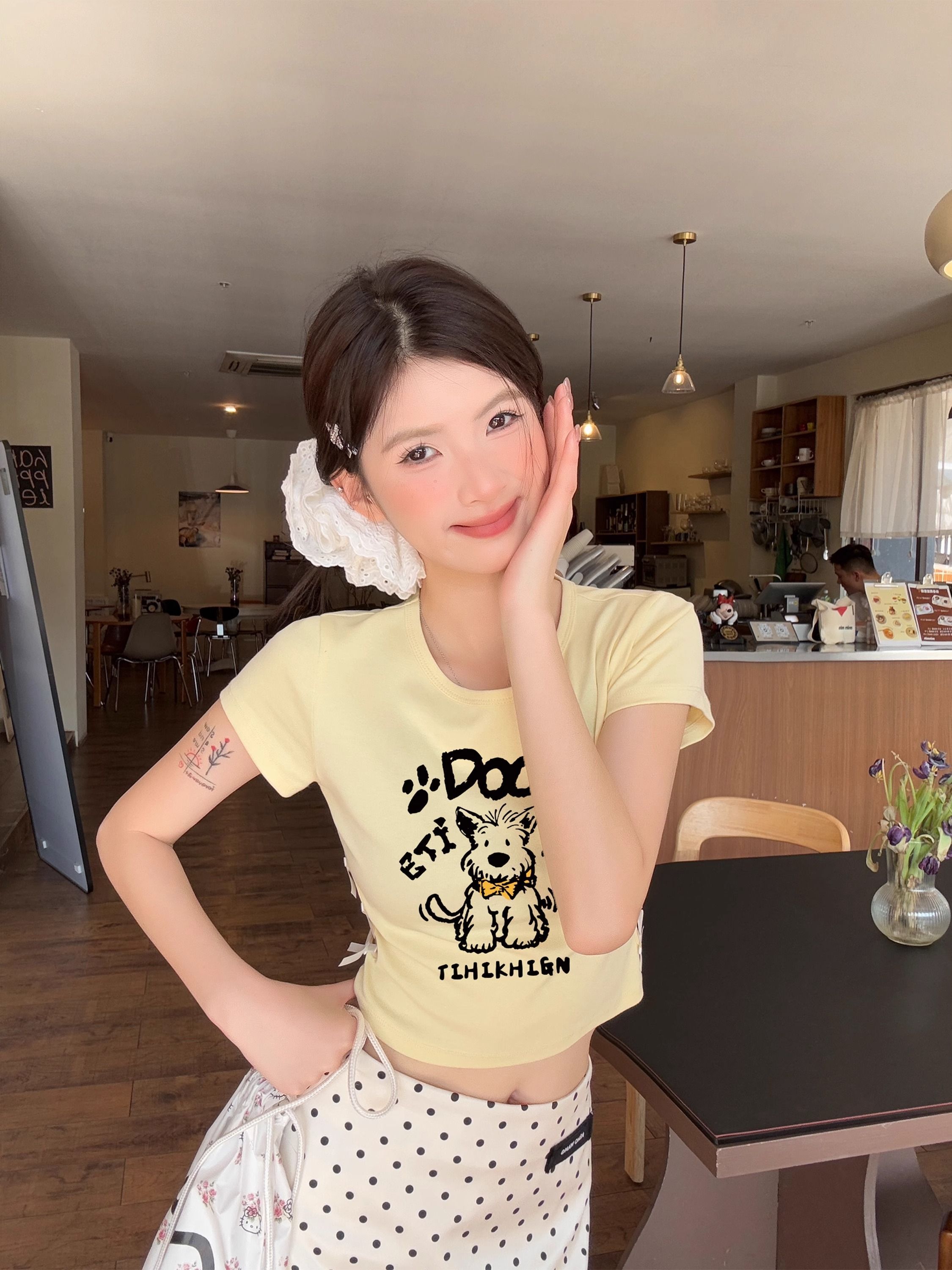 纯棉220克92棉 8氨纶印花镂空蝴蝶结短袖T恤女