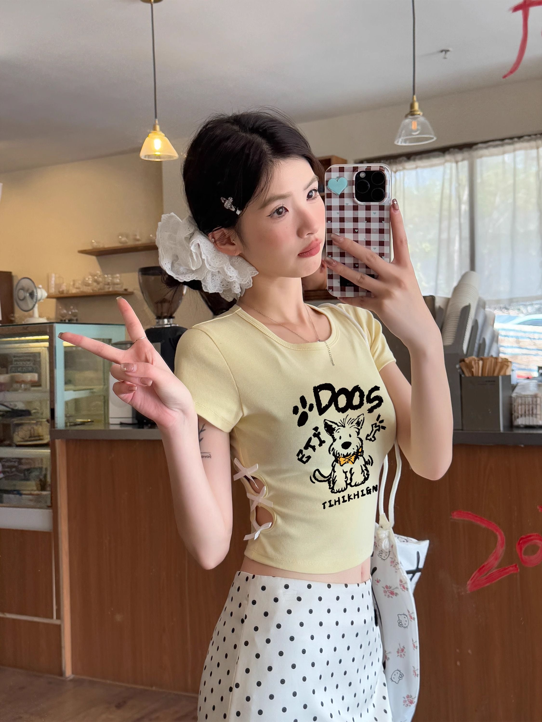 纯棉220克92棉 8氨纶印花镂空蝴蝶结短袖T恤女