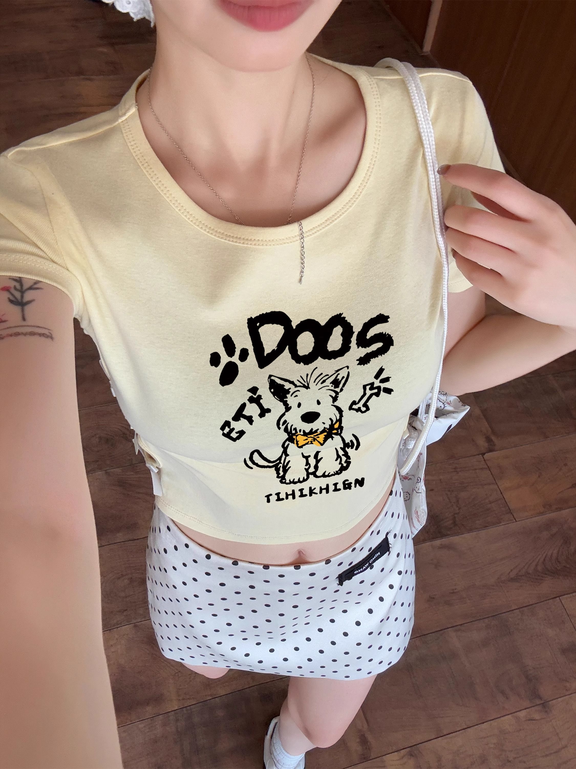 纯棉220克92棉 8氨纶印花镂空蝴蝶结短袖T恤女