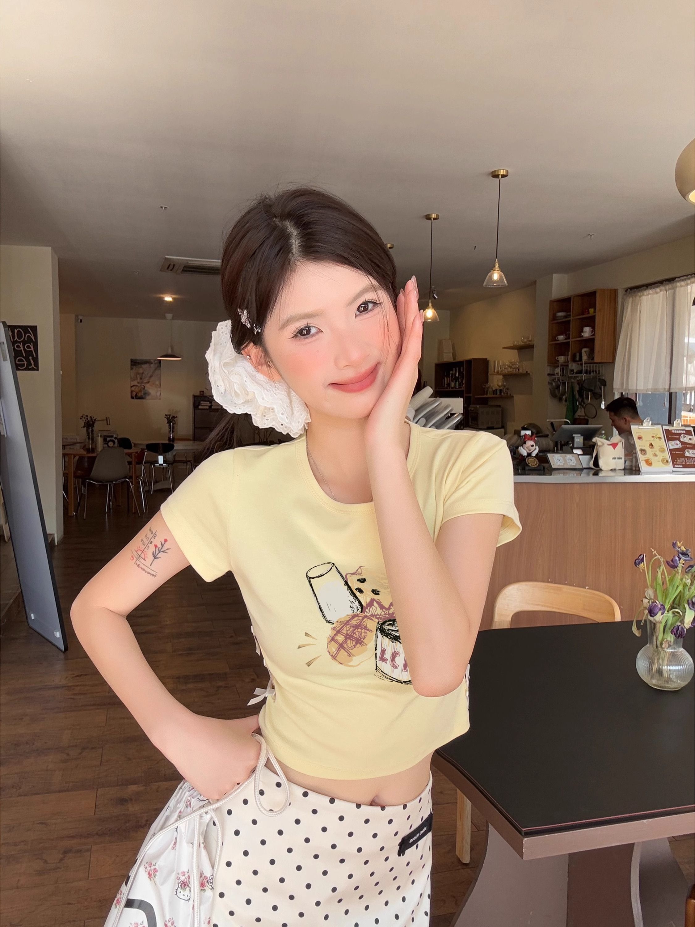 纯棉220克92棉 8氨纶印花镂空蝴蝶结短袖T恤女