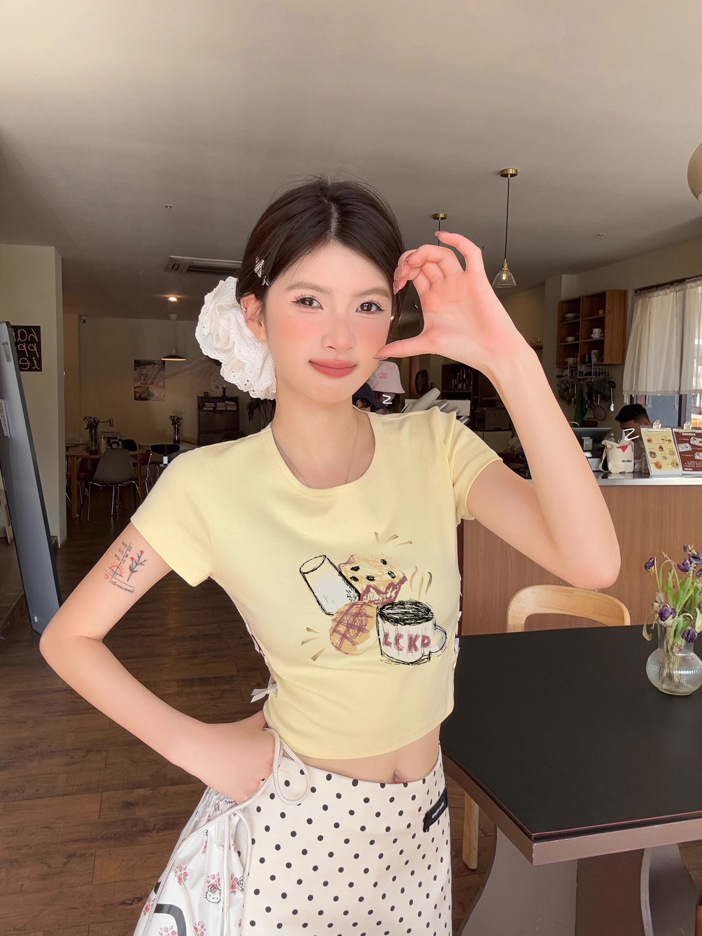 纯棉220克92棉 8氨纶印花镂空蝴蝶结短袖T恤女