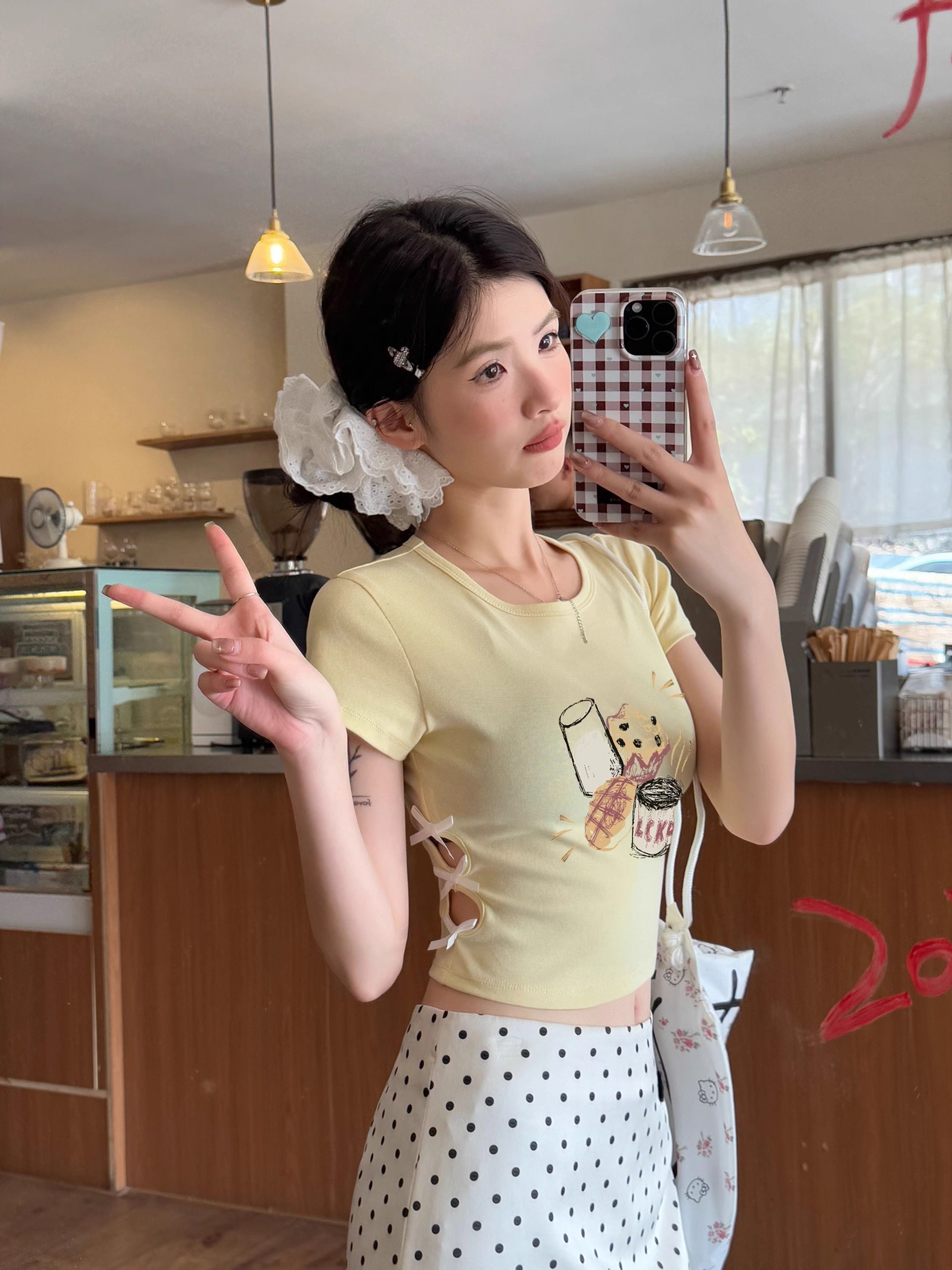 纯棉220克92棉 8氨纶印花镂空蝴蝶结短袖T恤女