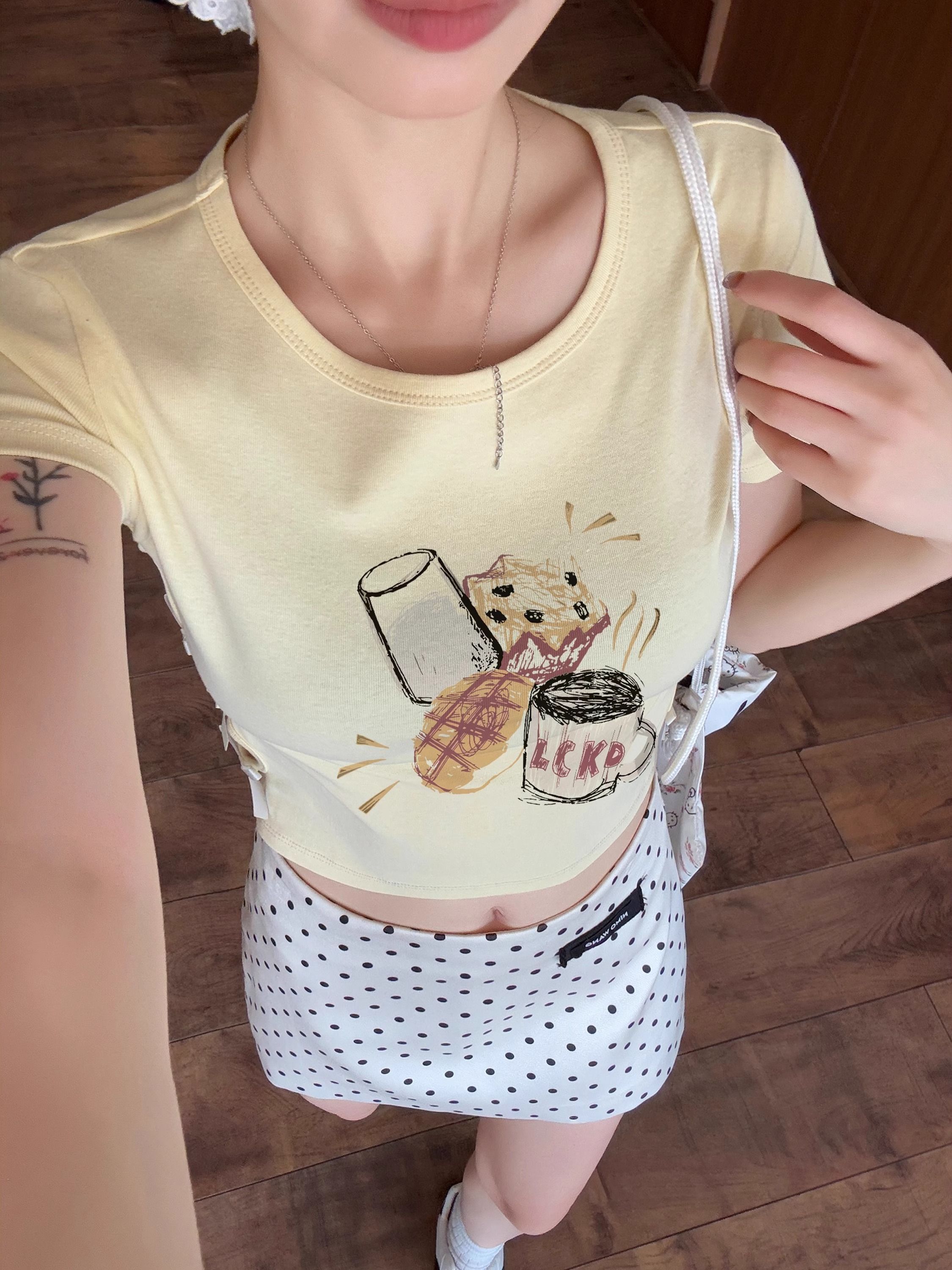 纯棉220克92棉 8氨纶印花镂空蝴蝶结短袖T恤女