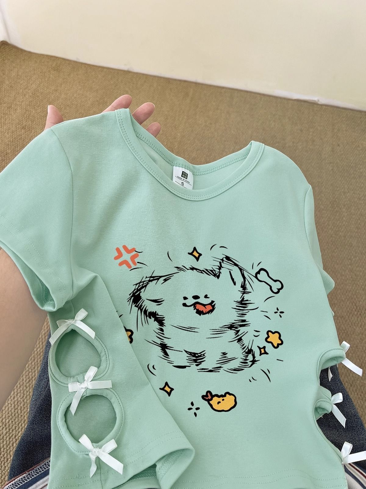 纯棉220克92棉 8氨纶印花镂空蝴蝶结短袖T恤女 纯棉220克92棉 8氨纶印花镂空蝴蝶结短袖T恤女