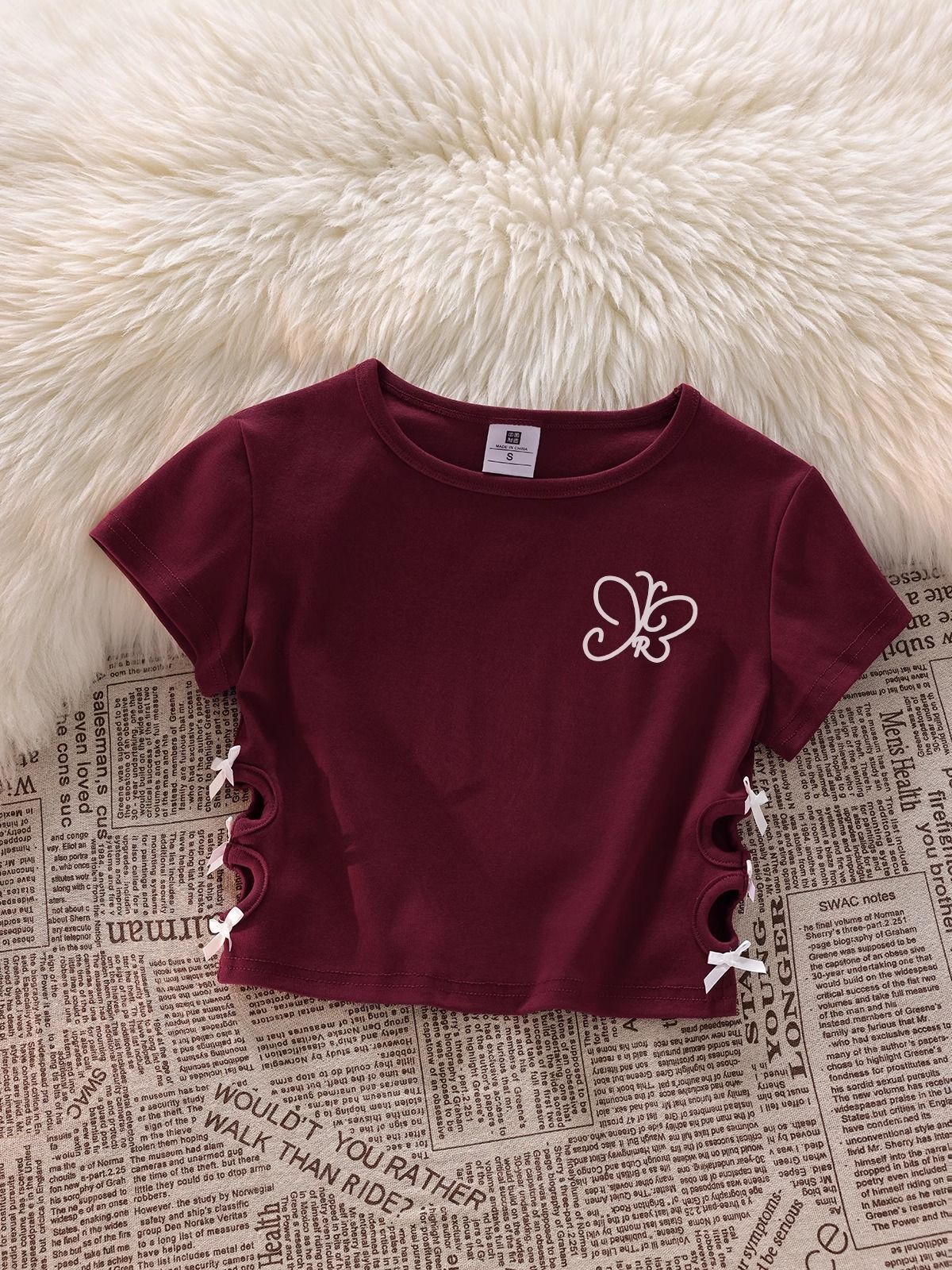 纯棉220克92棉 8氨纶印花镂空蝴蝶结短袖T恤女