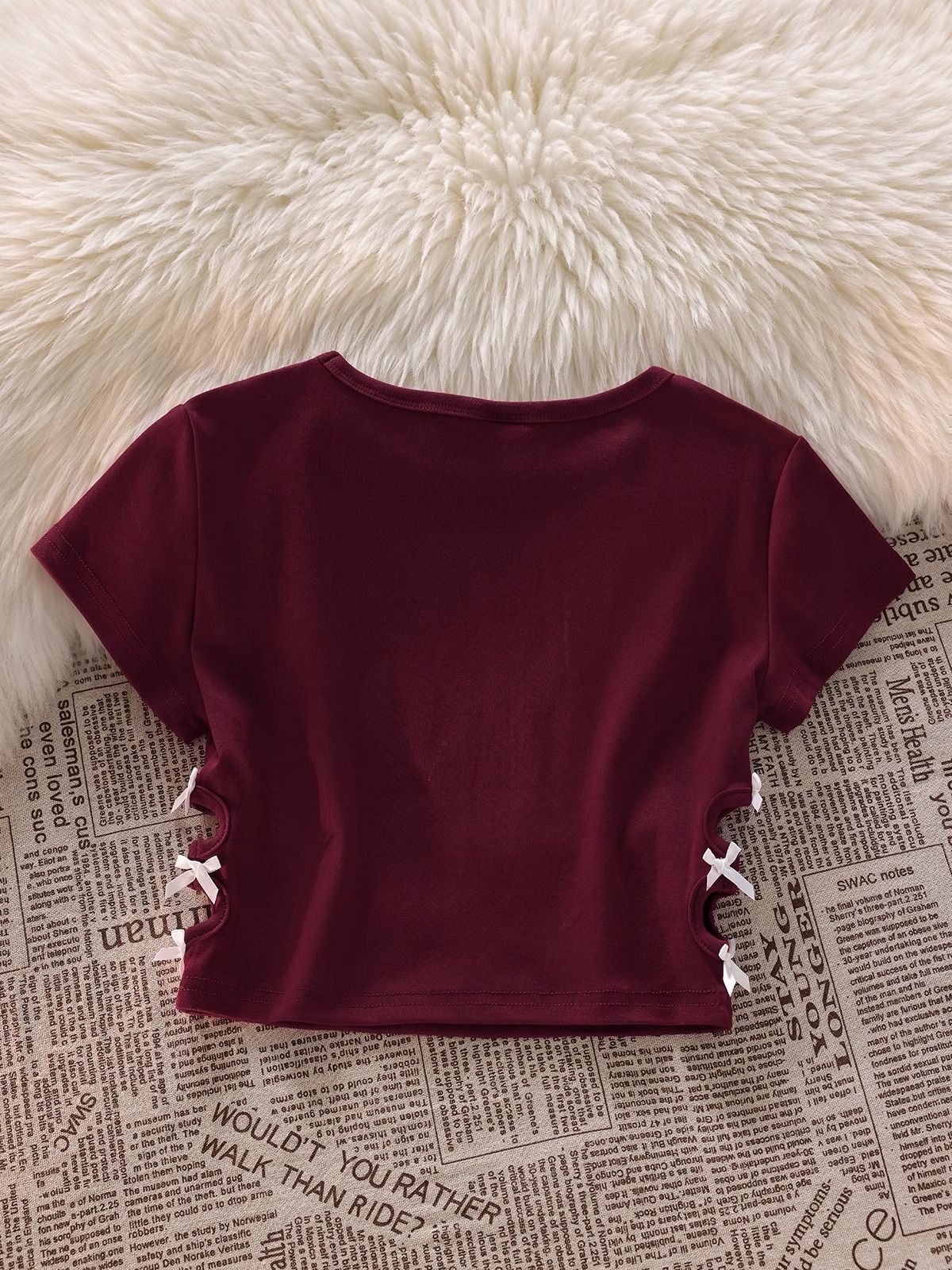 纯棉220克92棉 8氨纶印花镂空蝴蝶结短袖T恤女