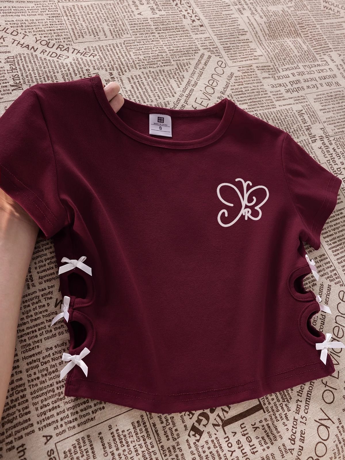 纯棉220克92棉 8氨纶印花镂空蝴蝶结短袖T恤女