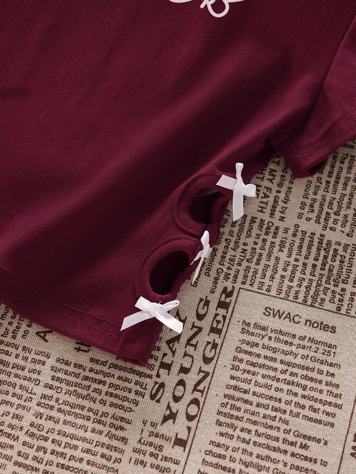 纯棉220克92棉 8氨纶印花镂空蝴蝶结短袖T恤女