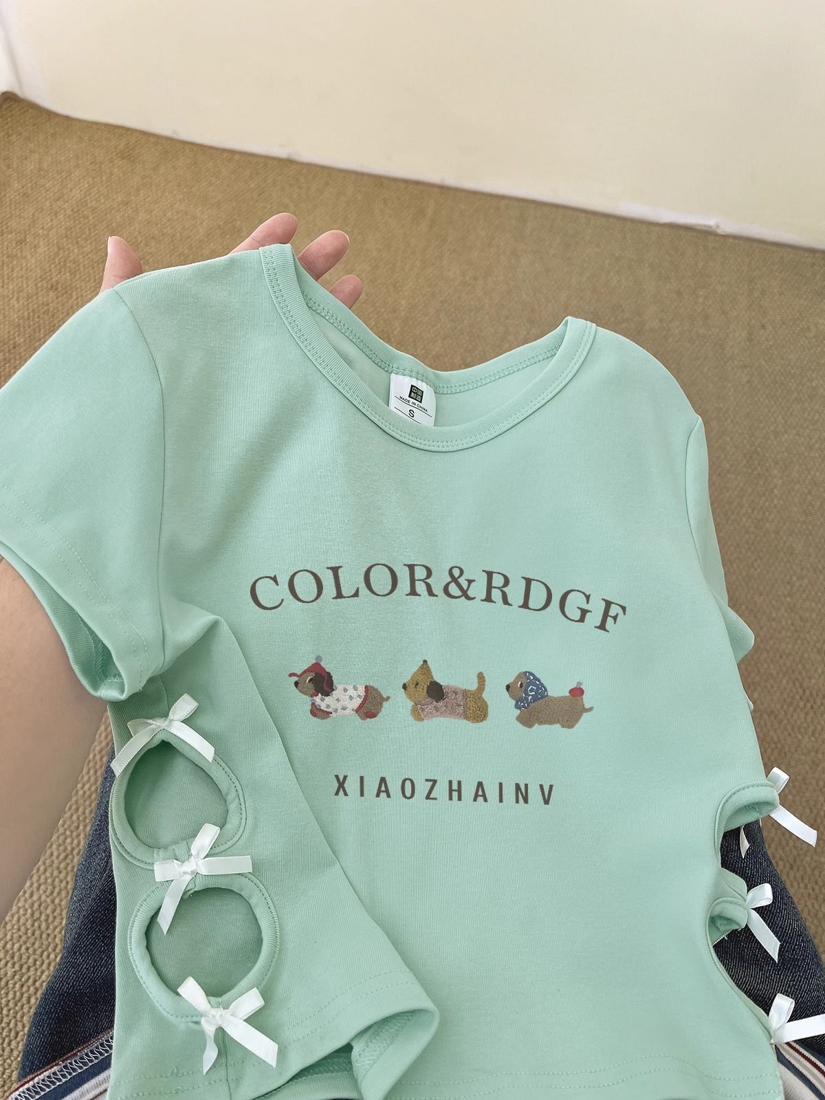 纯棉220克92棉 8氨纶印花镂空蝴蝶结短袖T恤女