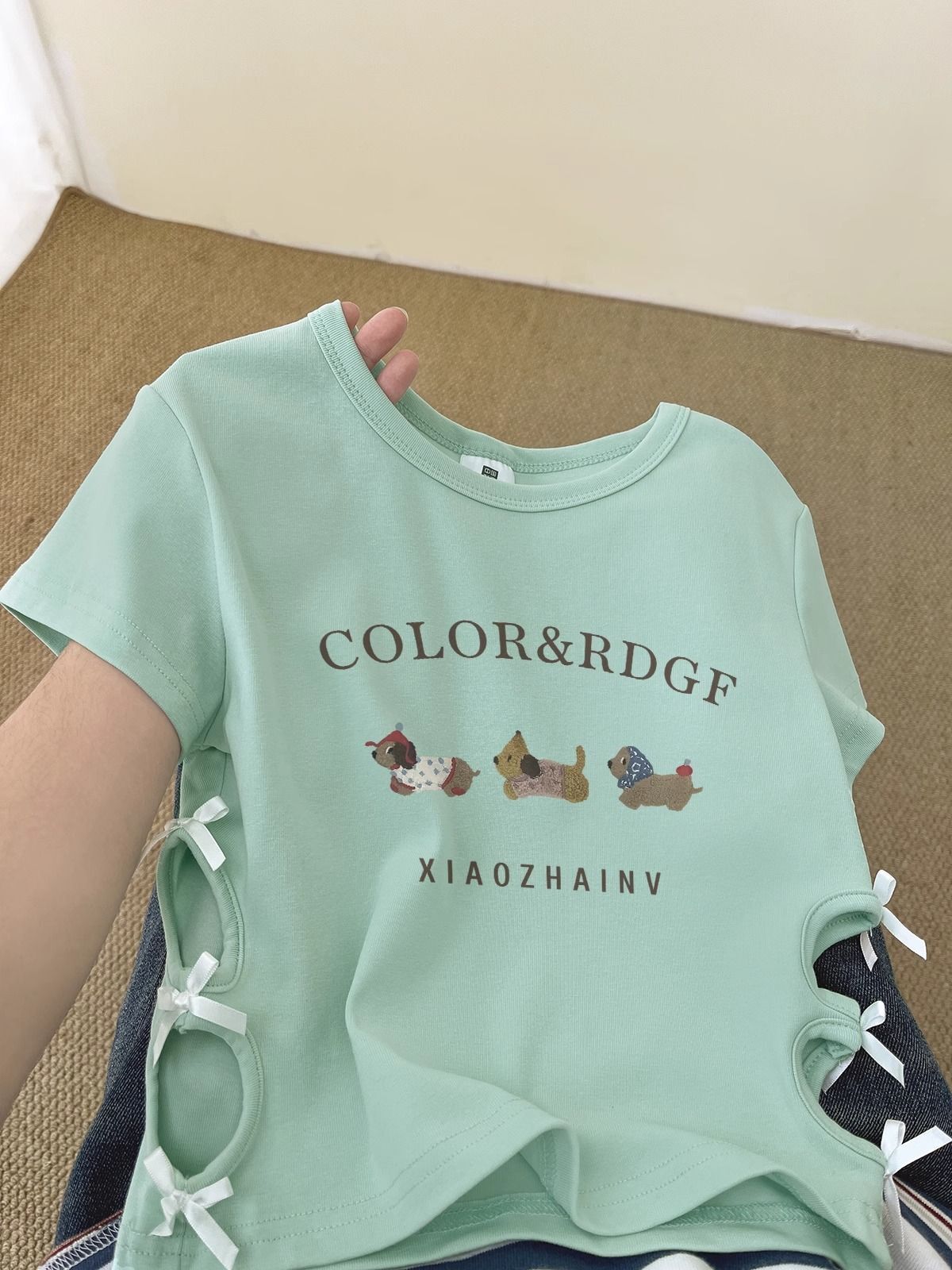 纯棉220克92棉 8氨纶印花镂空蝴蝶结短袖T恤女