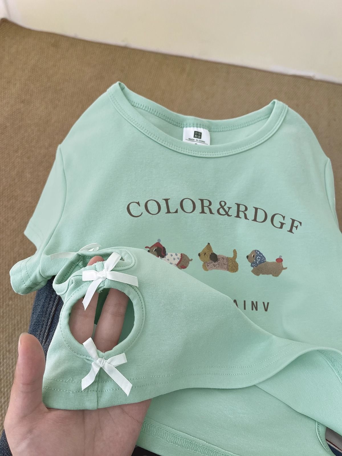 纯棉220克92棉 8氨纶印花镂空蝴蝶结短袖T恤女