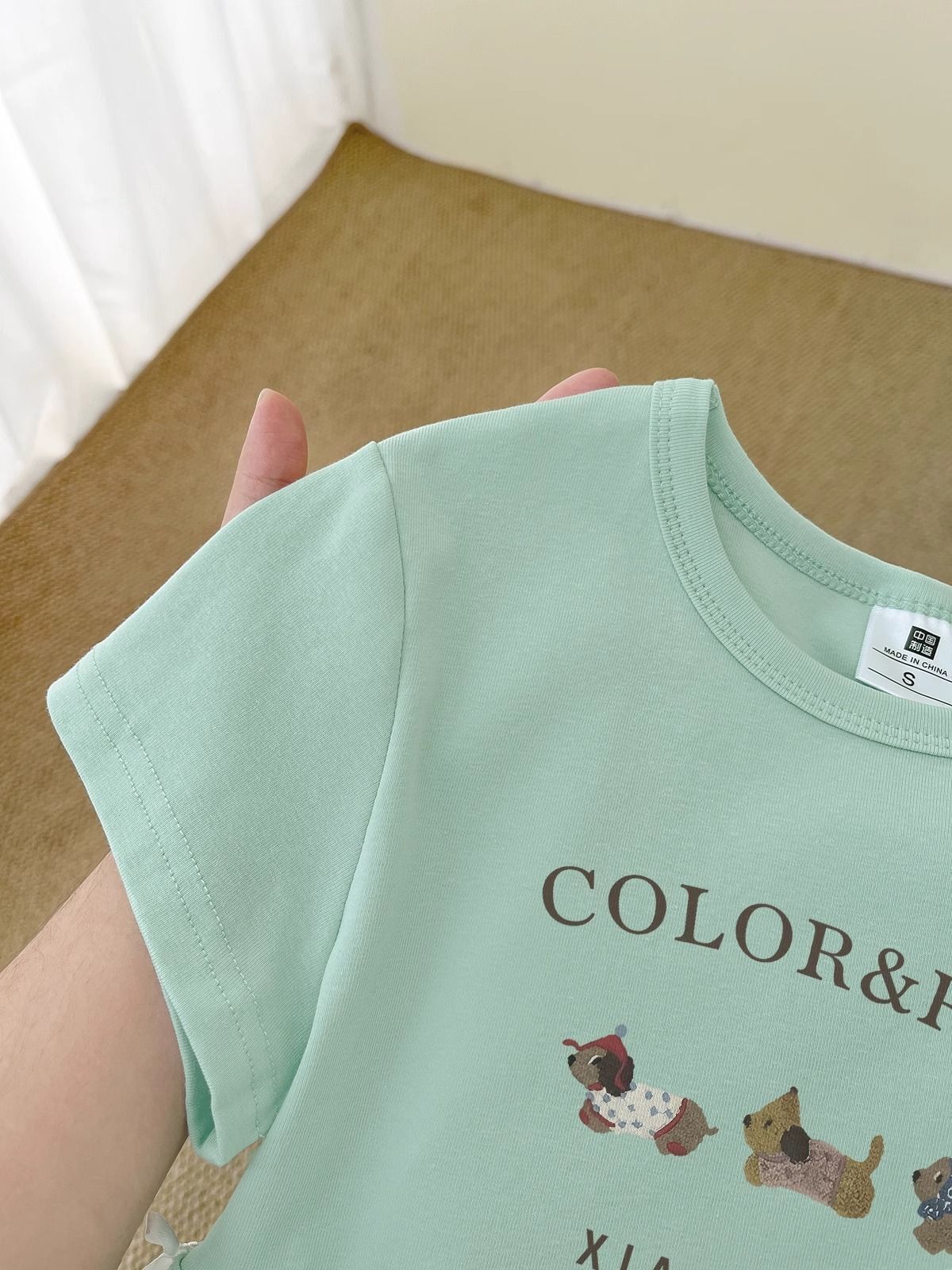 纯棉220克92棉 8氨纶印花镂空蝴蝶结短袖T恤女