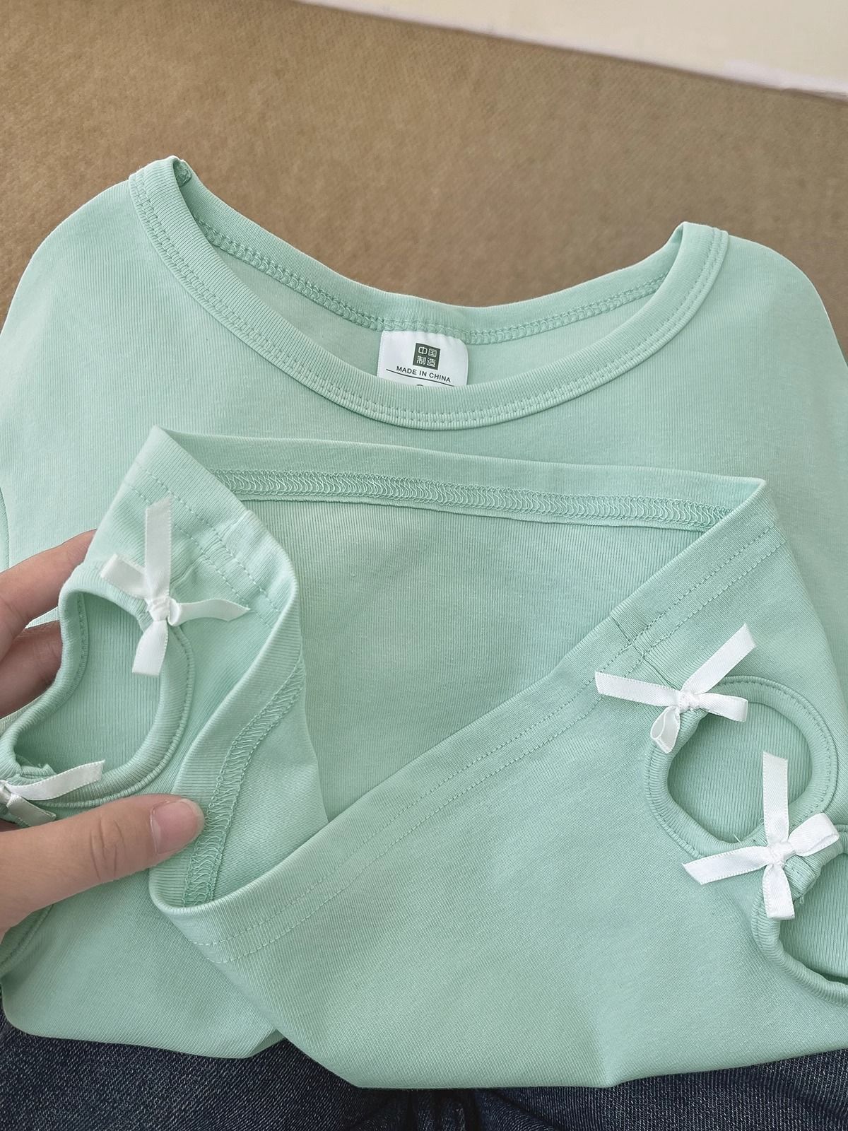 纯棉220克92棉 8氨纶印花镂空蝴蝶结短袖T恤女