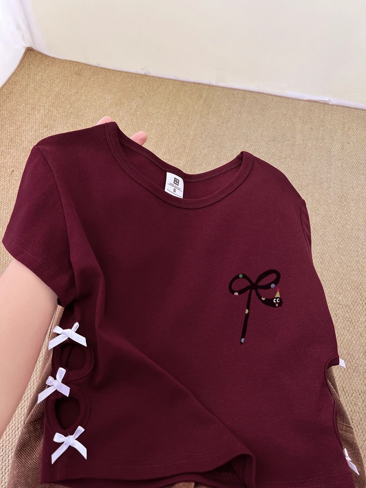 纯棉220克92棉 8氨纶印花镂空蝴蝶结短袖T恤女