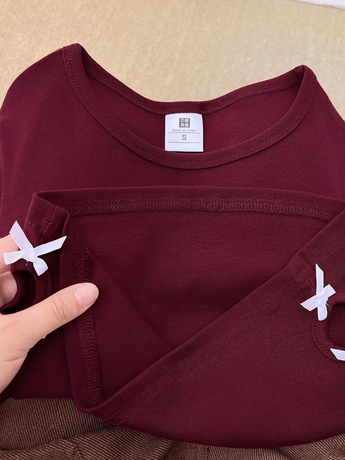 纯棉220克92棉 8氨纶印花镂空蝴蝶结短袖T恤女