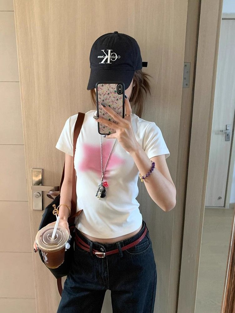 【1*1纯棉 常规款】印花正肩常规短袖 高弹力新款夏季修身显