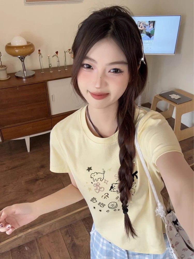 【1*1纯棉 常规款】印花正肩常规短袖 高弹力新款夏季修身显