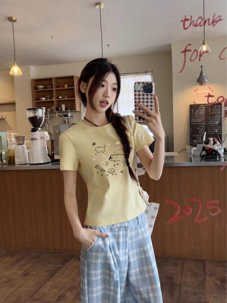 【1*1纯棉 常规款】印花正肩常规短袖 高弹力新款夏季修身显